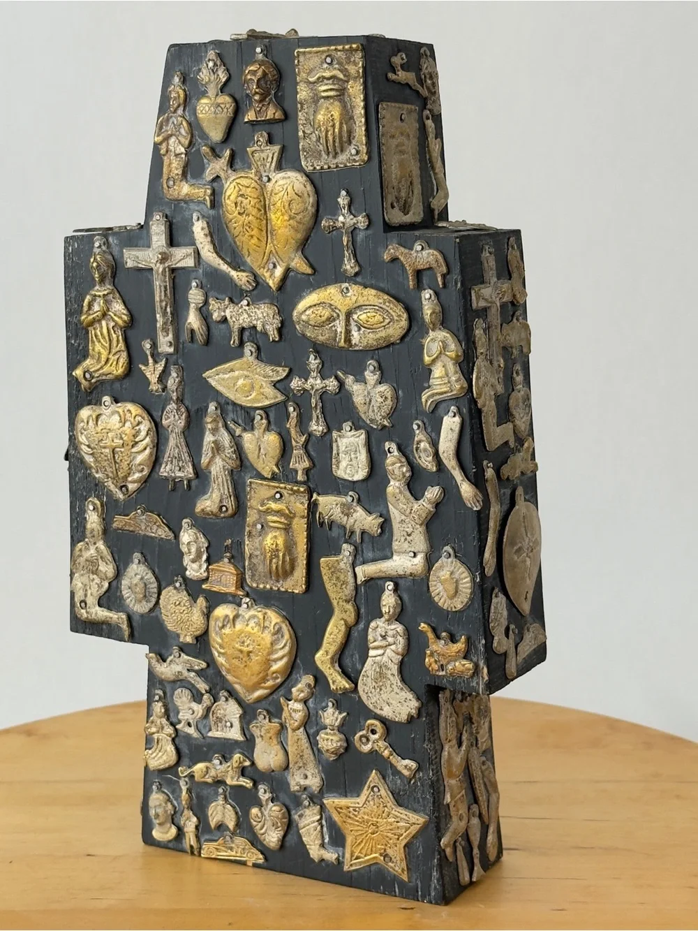 Vintage Estela Ogazon? Milagros Cross Mexican Tin Punched Folk Art,Nailed Charms